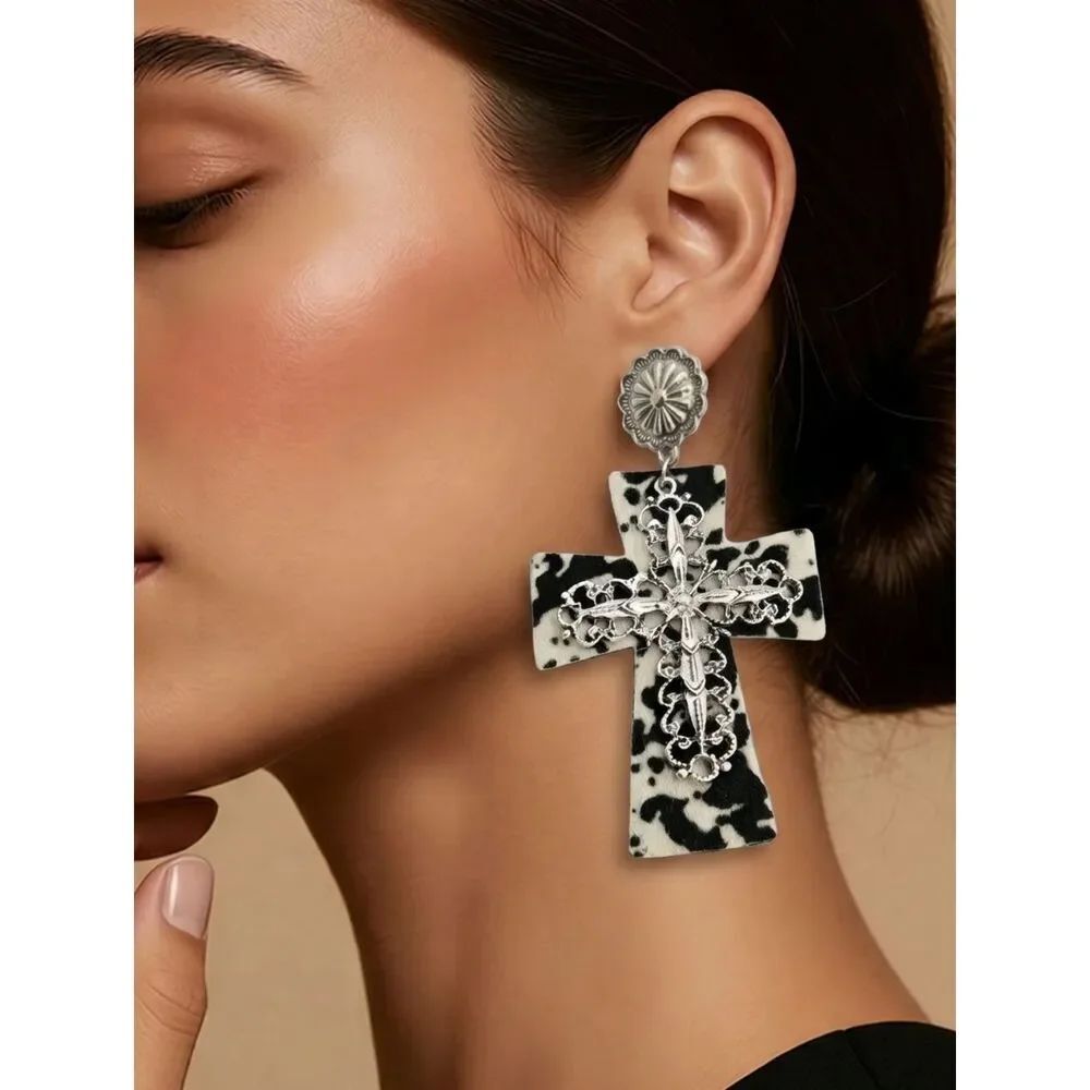 Cow Print Cross Statement Earrings Western Cowgirl Faux Cowhide Dangle Boho Chic